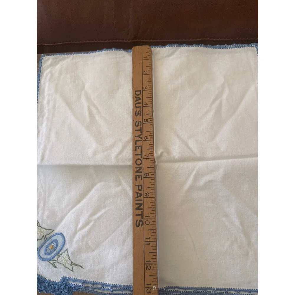 Vintage Hand Embroidered Morning Glory Linen Napkins Blue Crochet Lace Set of 4